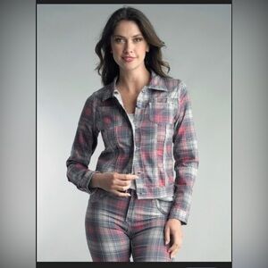 Tempo Paris Reversible plaid print jean jacket stretch gray size m / 38